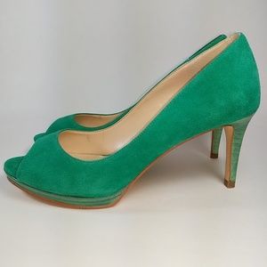 Nine West Gellabelle Green Suede Peep-Toe Pumps